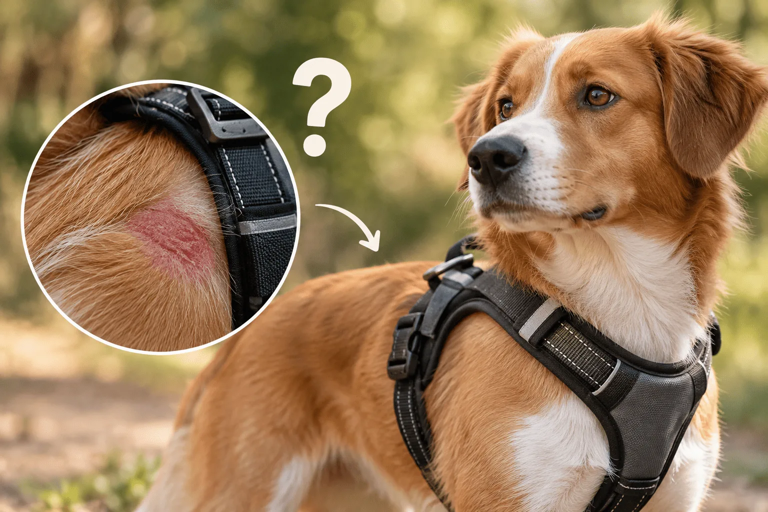 Chien portant un harnais, avec zoom sur une irritation de la peau au niveau de la sangle